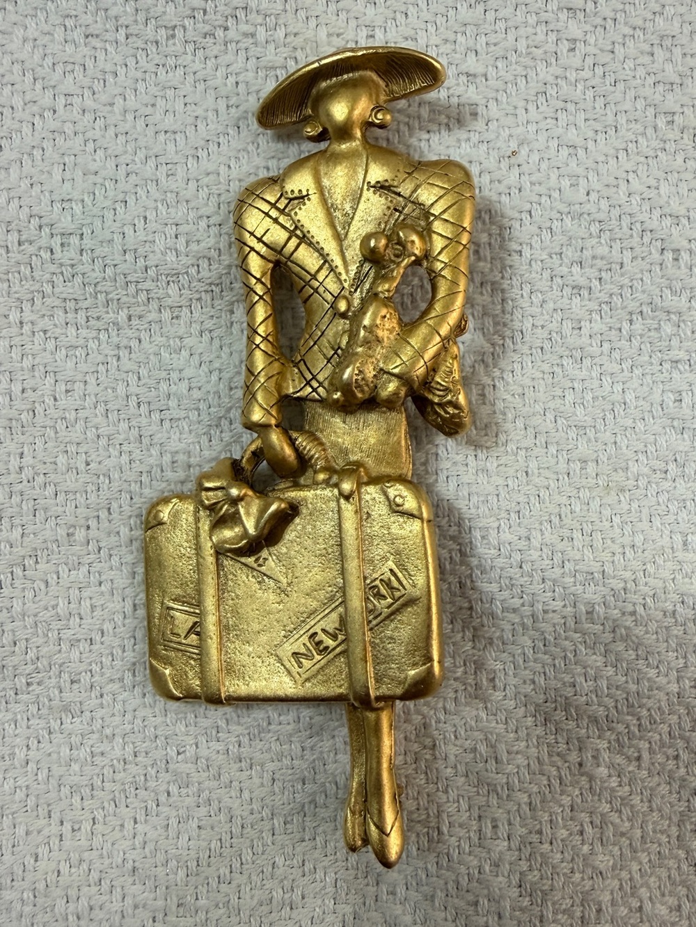 Vintage Gold-Tone Woman with Suitcase Brooch - Travel Motif